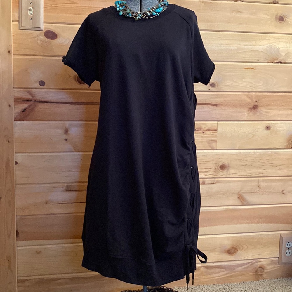 Black sweatshirt lace up the side dress w/ short sleeves. XL 36 in long